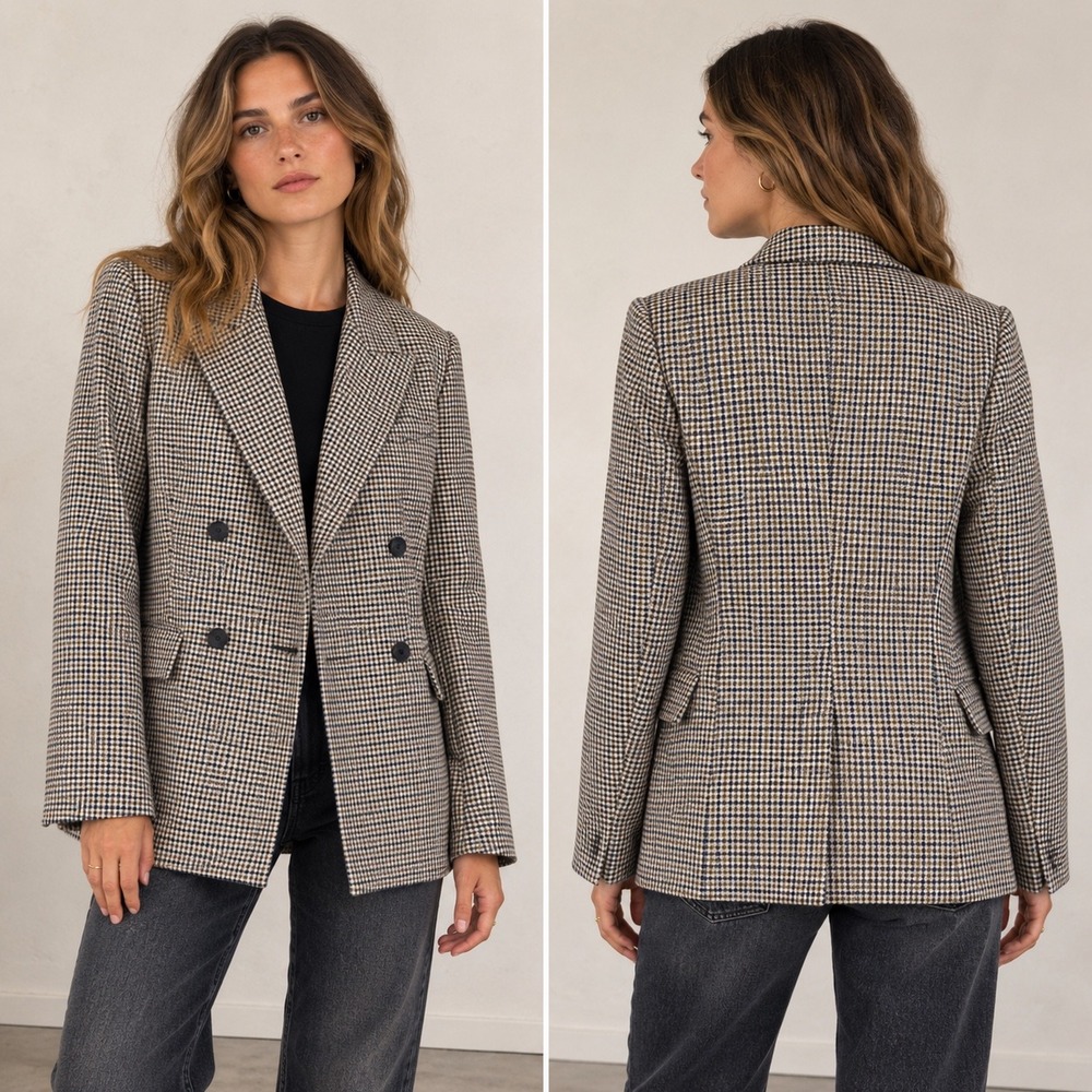 Zara Blazer XS Brown Blue Houndstooth Viscose Blend Dark Academia Career Chic - Picture 15 of 16